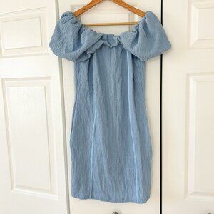NWT Naanaa x Nasty Gal Cornflower Blue Ruched Bardot Mini Dress Size 10